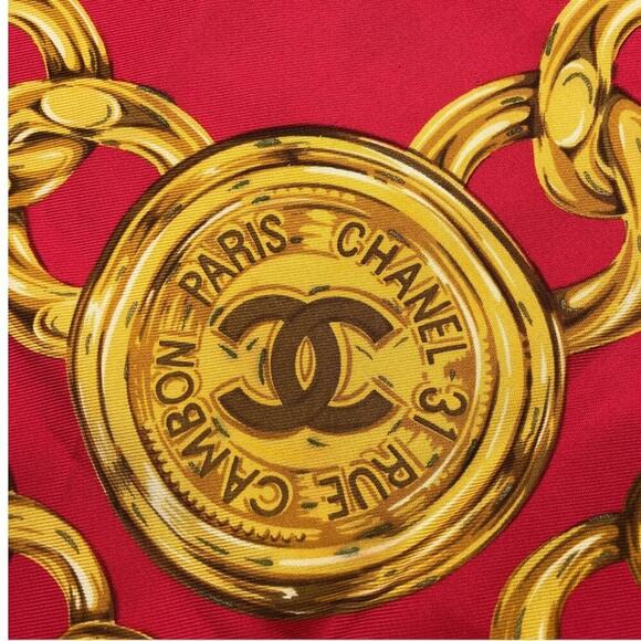 CHANEL Coco Mark Logo Red Chain Pattern Silk Scarf/Stole W/Box - Picture 10 of 16
